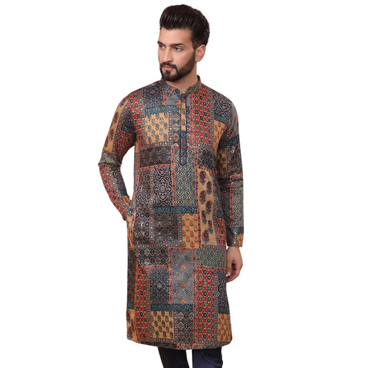 Kisah Men Multi-Color Kurta, Cotton, Full Sleaves, Knee Length, Straight, Regular Fit, Mandarin Collar Ethnic Wear