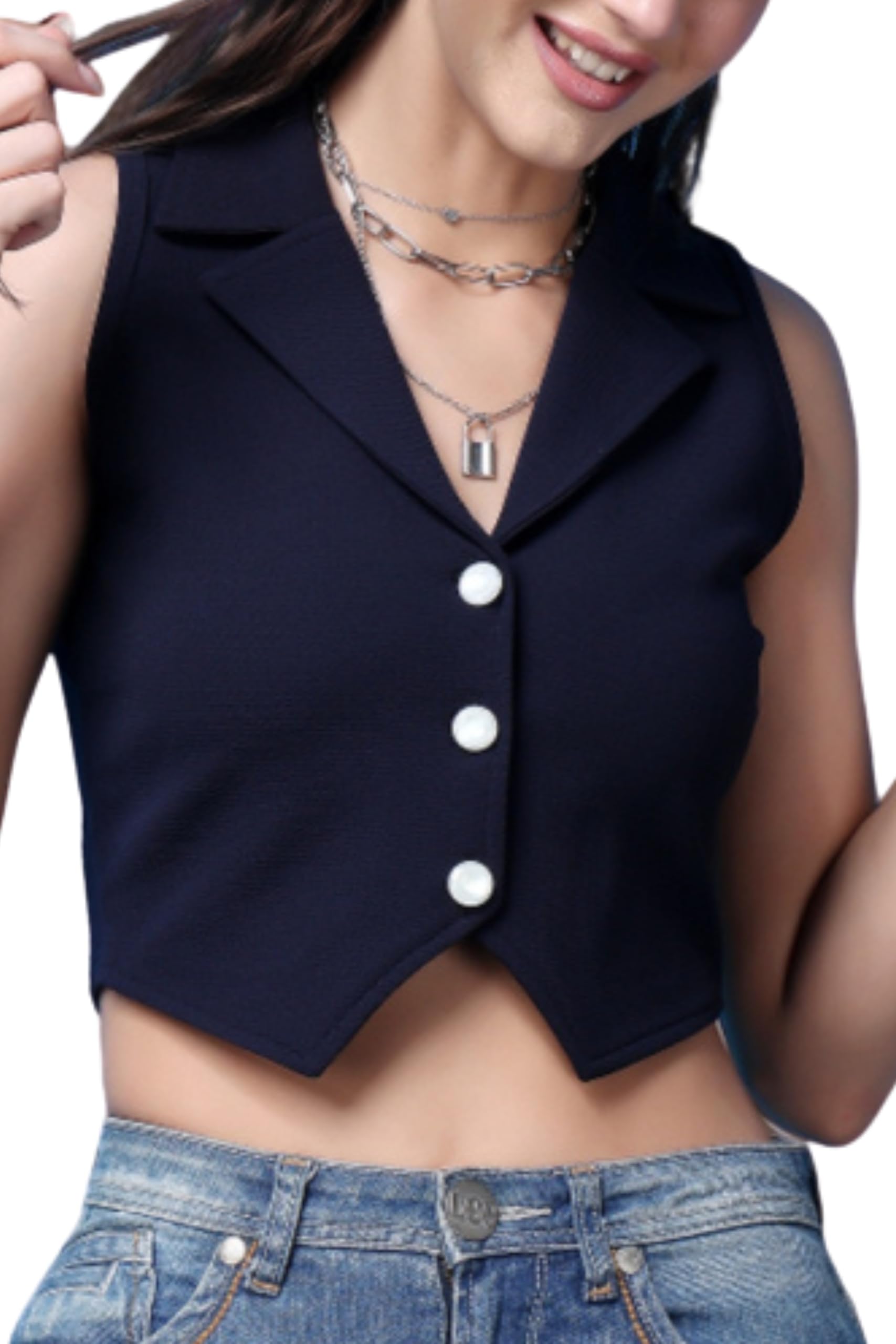 POPWINGS Casual Solid V-Neck Sleeveless Button Closure Waistcoat Crop Top for Women || Stylish Western Woman Crop Top for Summer