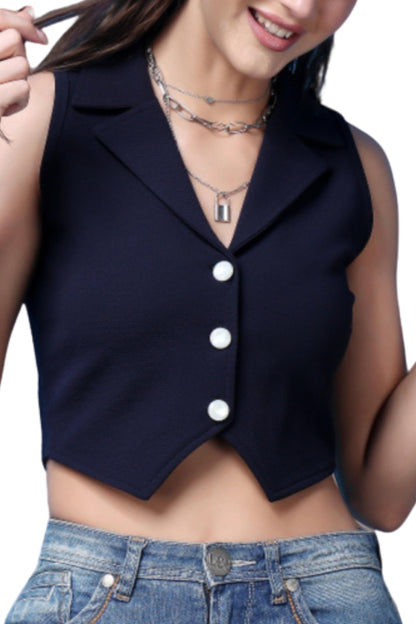 POPWINGS Casual Solid V-Neck Sleeveless Button Closure Waistcoat Crop Top for Women || Stylish Western Woman Crop Top for Summer