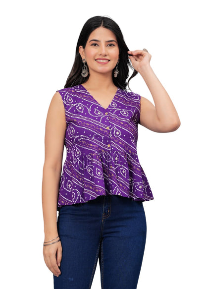Stylum Womens Bandhej Printed Rayon Peplum Top
