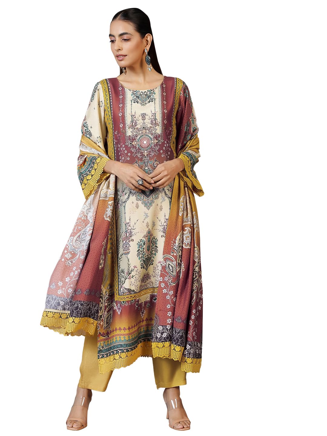 Libas Womens Printed Silk Blend Pakistani Kurta With Trousers And Dupatta
