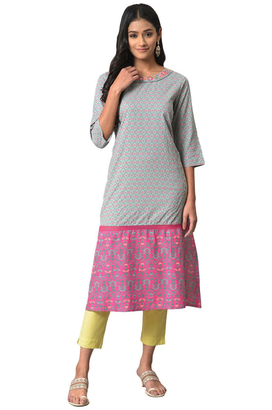 W for Woman Blue and Pink Printed Straight Kurta