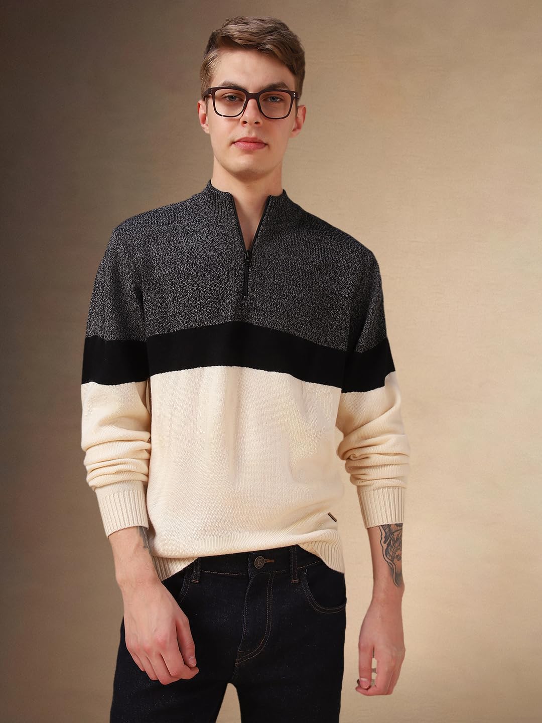 Dennis Lingo Men Cream Solid Acrylic Slim Fit Full Sleeve Sweater