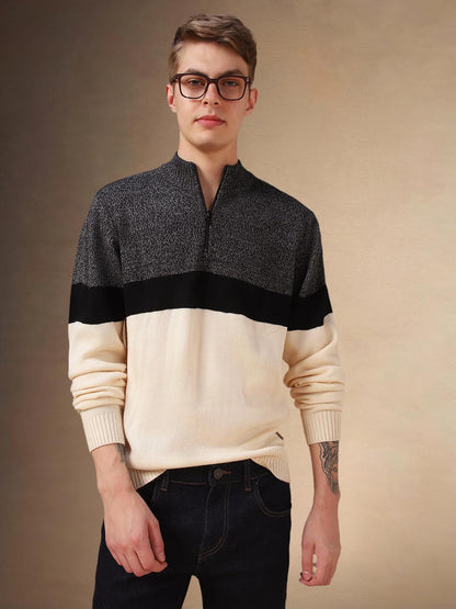 Dennis Lingo Men Cream Solid Acrylic Slim Fit Full Sleeve Sweater