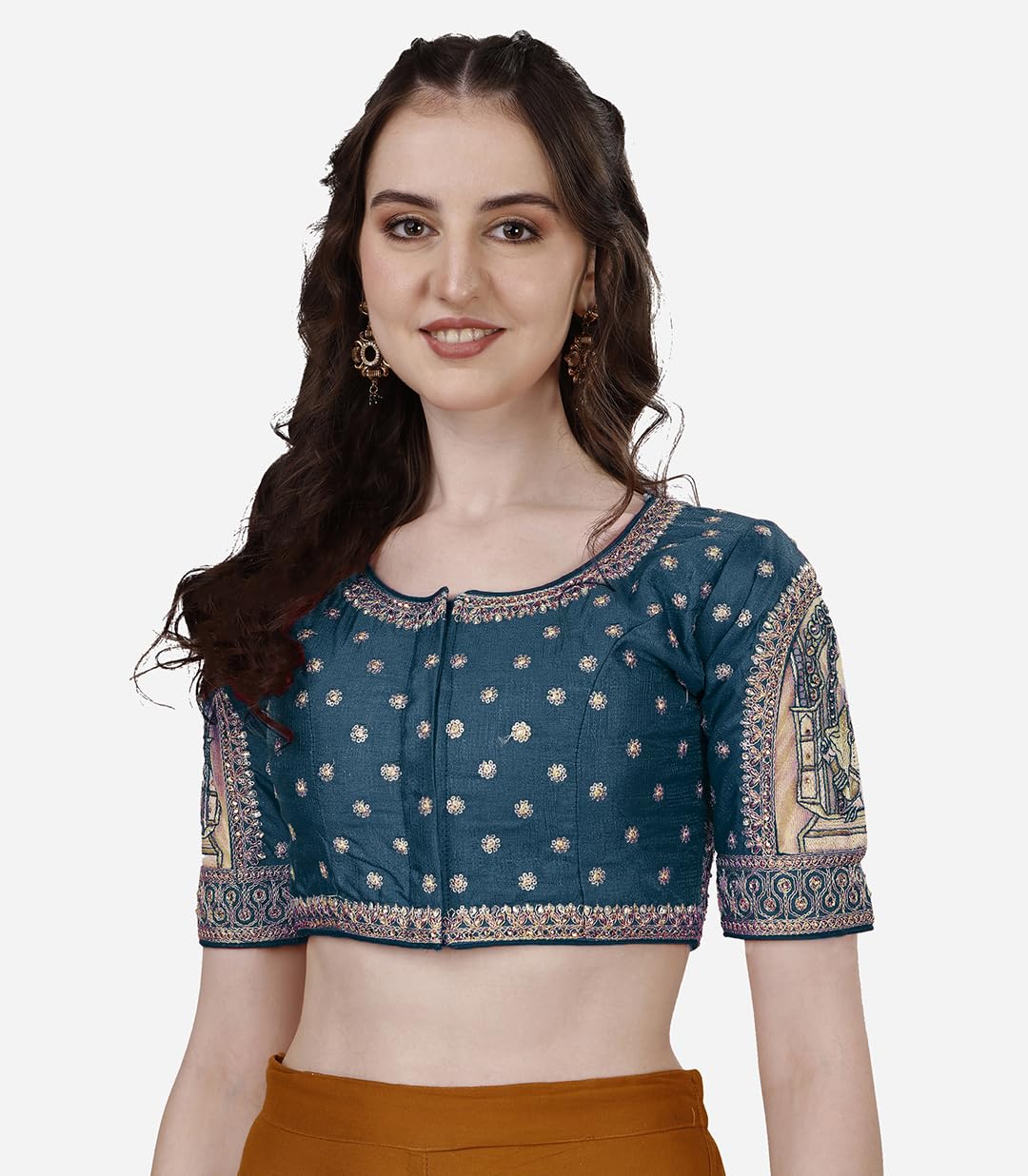 Vihu Fashion Womens Heavy Embroidery Coding with Sequins and Diamond Work Half Sleeves Fancy Cutwork Readymade Saree Blouse.(Pa