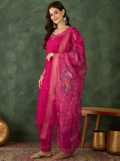 Naixa WomenS Red Rayon Slub Embroidered Straight Kurta With Rayon Slub Pant And Jacquard Jacquard With Digital Print Dupatta Se
