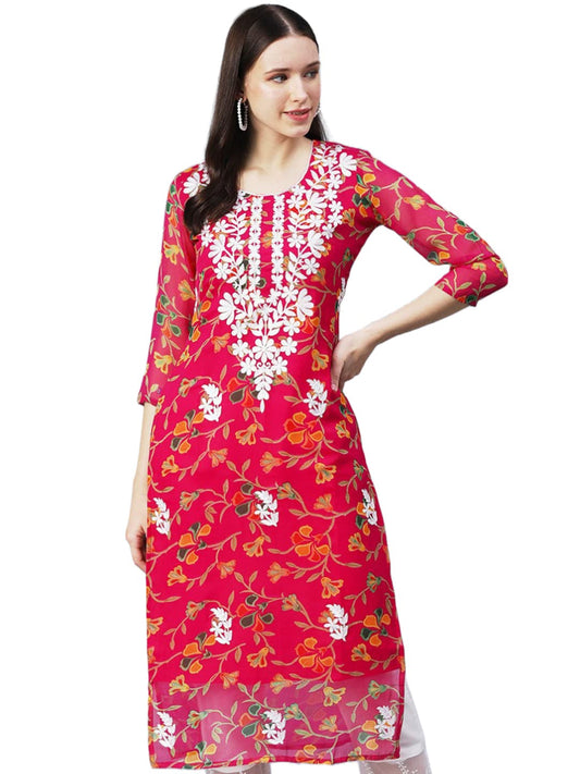 GoSriKi Women's Printed Georgette Chikankari Embroidered Kurti (Gori-Dark Pink-Nw-GS)
