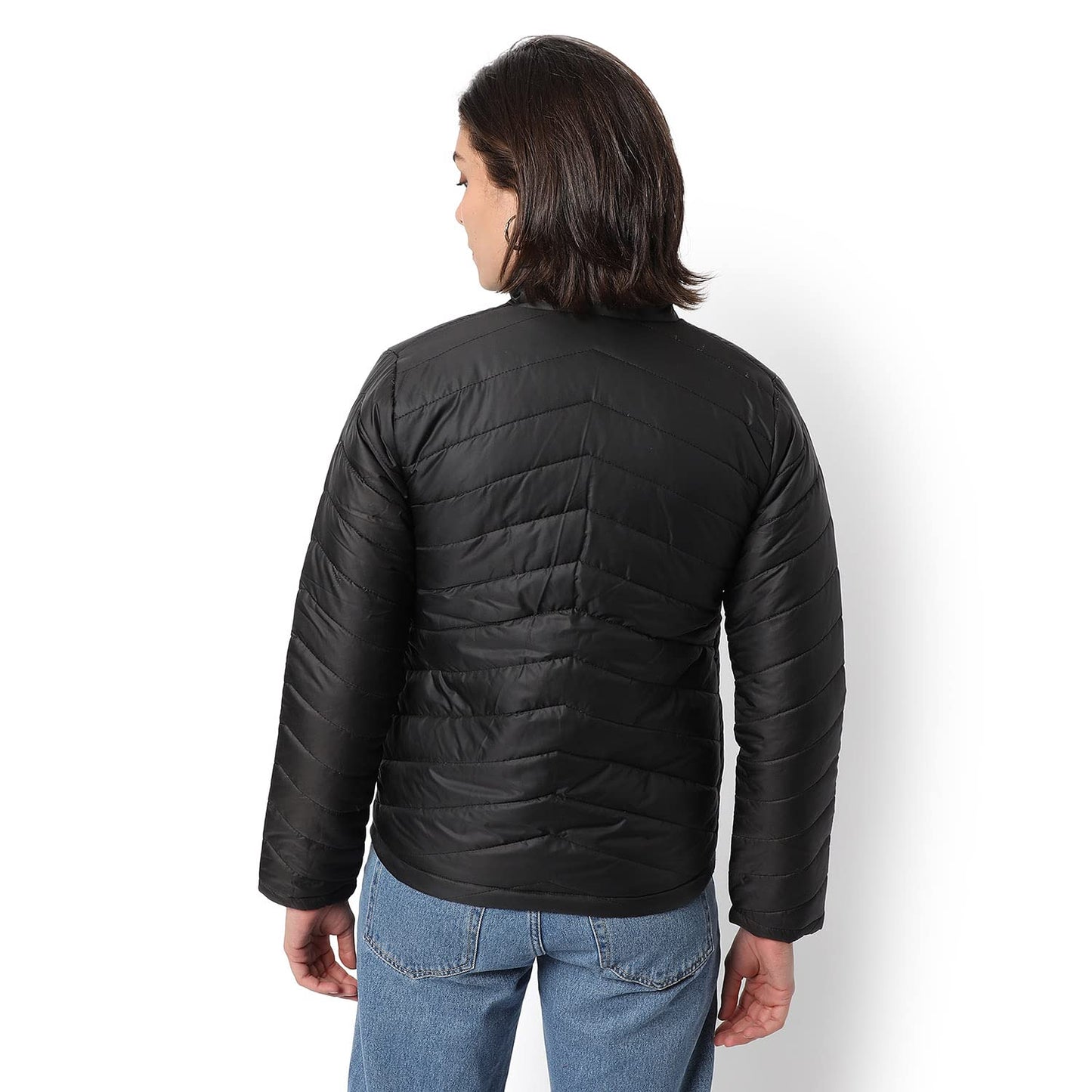 Campus Sutra Women Black Puffer Regular Fit Bomber Jacket For Winter Wear | Standing Collar | Full Sleeve | Zipper | Casual Jack