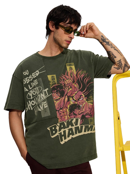 The Souled Store Official Baki Hanma: You Shouldnt Have Men and Boys Short Sleeves Round Neck Green Graphic Printed Cotton Over