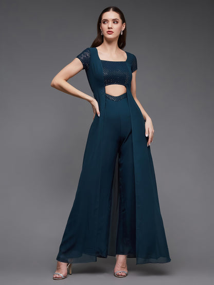 Miss Chase WomenS Embellished Square Neck Short Sleeve Georgette Cut Out Relaxed Fit Regular Jumpsuit With Pockets (Mcaw23D19-0
