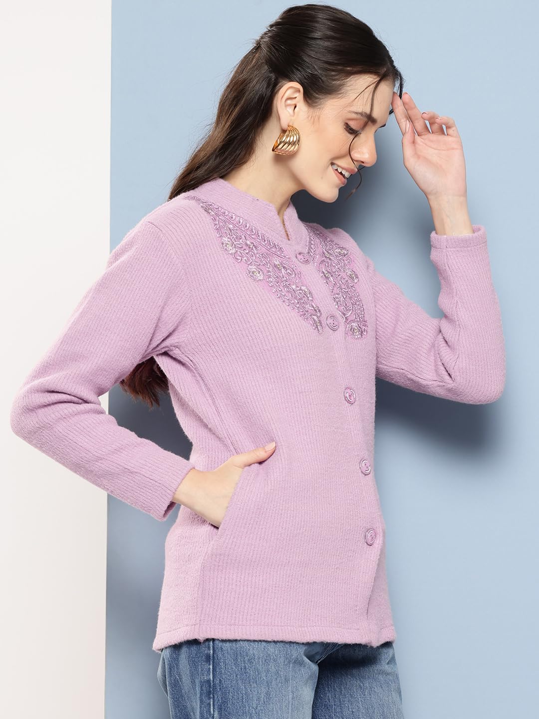 Aarika Womens Winter Wear Purple Colour Embroidery Woolen Cardigan (S-L)