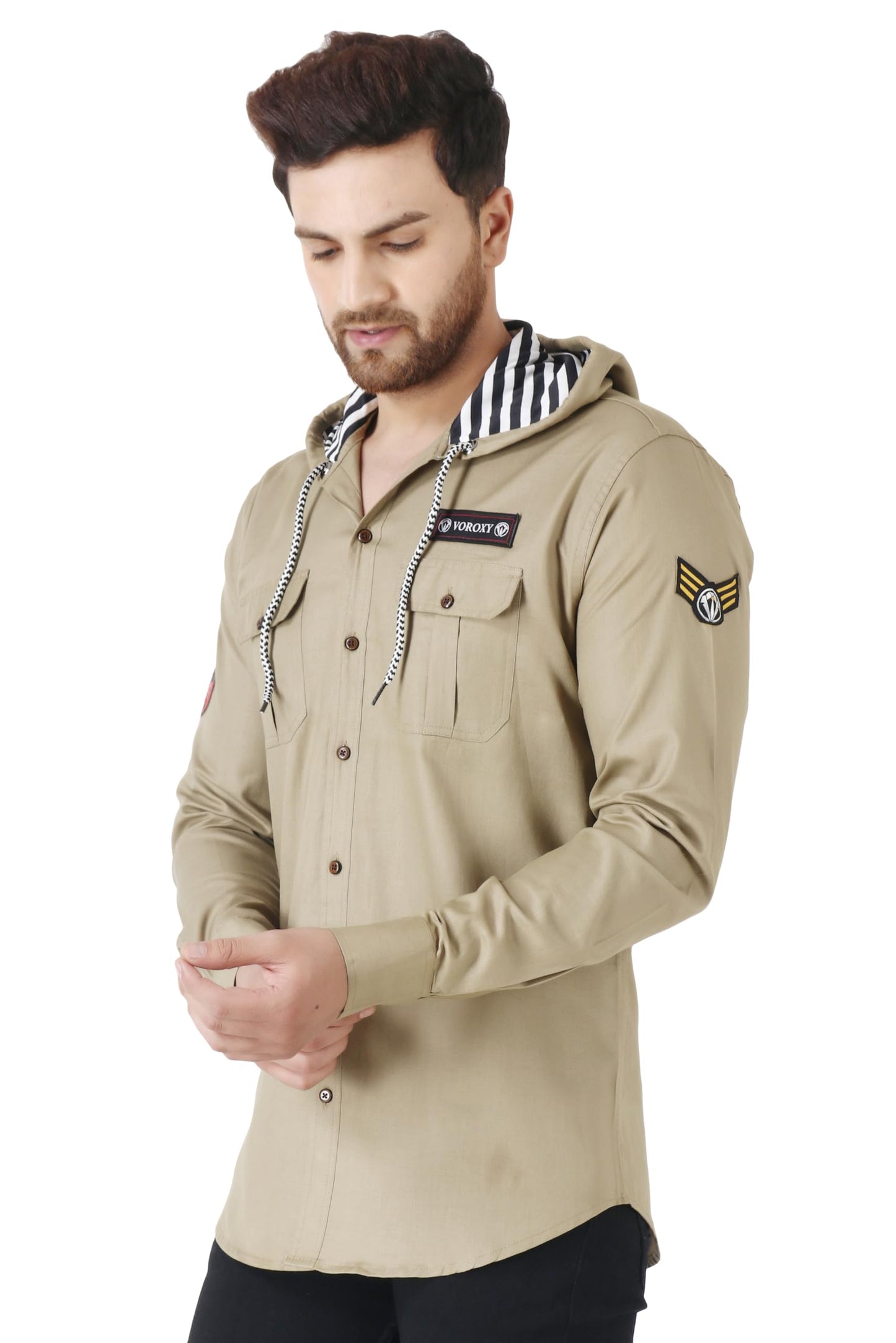 Besix MenS Cream Tailored Fit Cotton Blend Shirt For Man With Hoodie - Casual Long Sleeve Shirt With Pockets - Patch Detail For