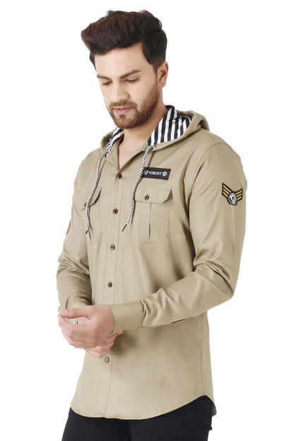 Besix MenS Cream Tailored Fit Cotton Blend Shirt For Man With Hoodie - Casual Long Sleeve Shirt With Pockets - Patch Detail For