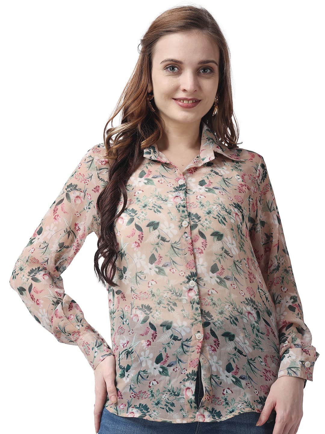 POPWINGS Printed Full-Sleeves Regular-Fit Polyester Printed Shirt for Women Stylish Western Casual Wear Beige