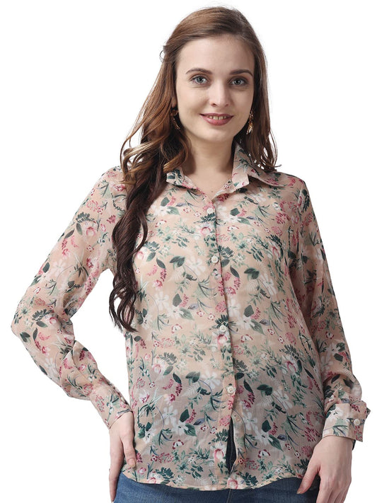 POPWINGS Printed Full-Sleeves Regular-Fit Polyester Printed Shirt for Women Stylish Western Casual Wear Beige