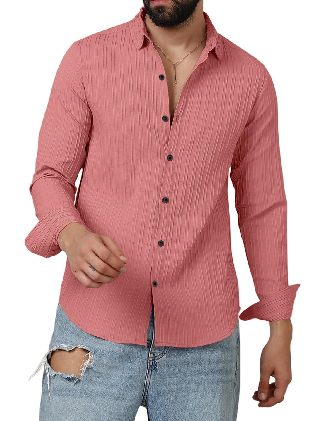 Finivo Fashion MenS Casual Cotton Plain Button Down Shirts Long Sleeve Textured Summer Beach Shirt For Men Peach