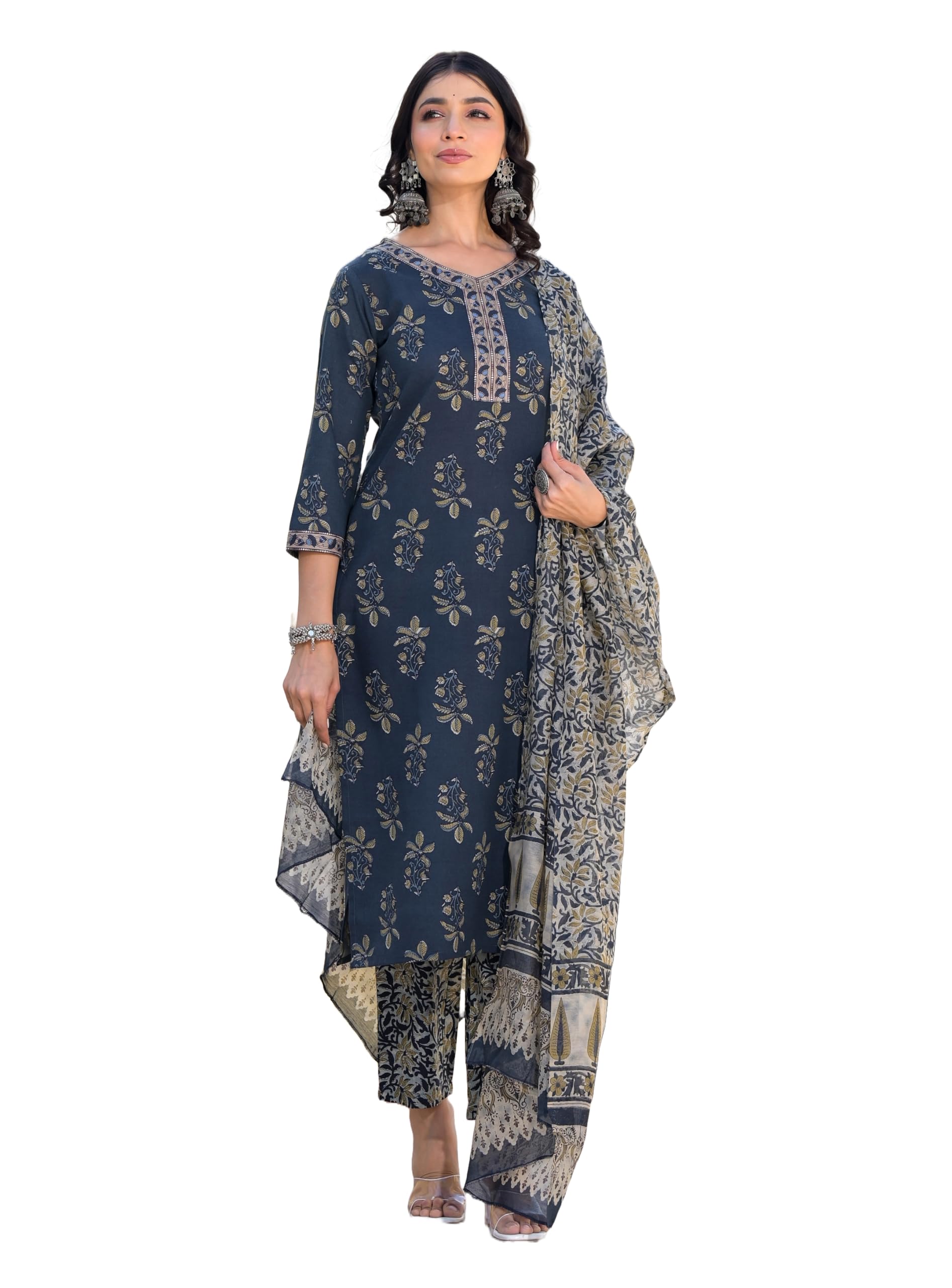 Nermosa Printed Straight Kurta And Pant Set With Dupatta (Small)