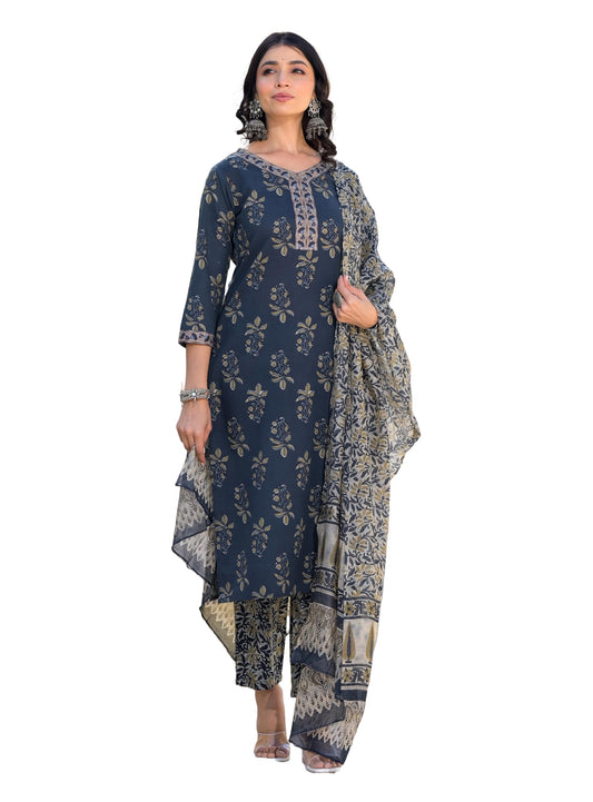 Nermosa Printed Straight Kurta And Pant Set With Dupatta (Medium)