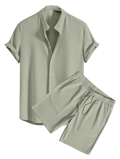 Greciilooks MenS Summer Casual Two Piece Outfit, Textured Button Down Shirt And Shorts Set Green