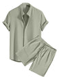 Greciilooks MenS Summer Casual Two Piece Outfit, Textured Button Down Shirt And Shorts Set Green