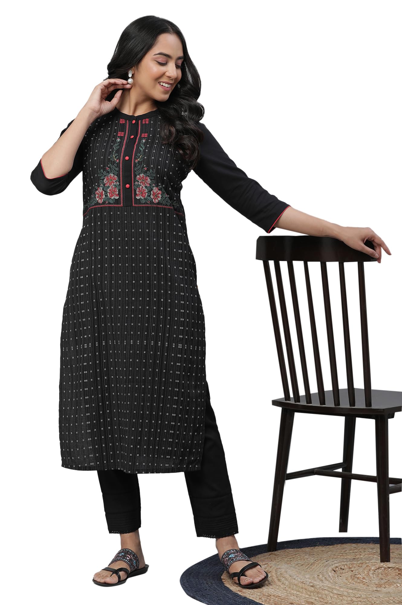 Aurelia Women's Black Printed Cotton Blend Straight Kurta and Trouser Set (size:S)-VCSTB2A-10051