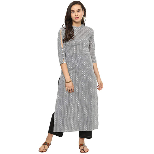 Idalia Black And White Dotted Stripes Straight Cotton Kurta For Women