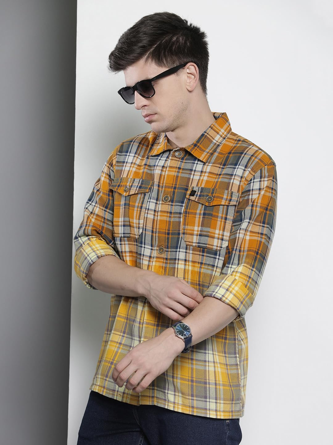 The Indian Garage Co Men Yellow Regular Fit Checkered Over Shirt