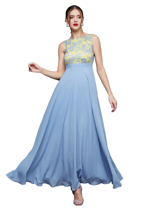 Miss Chase WomenS Round Neck Sleeveless Georgette Floral Lace Fit & Flare Maxi Dress Sky Blue