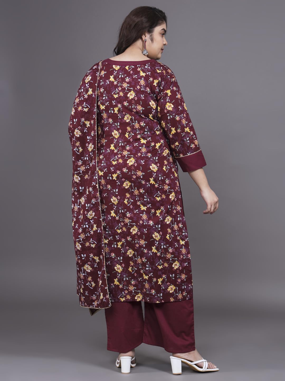 Tissu Women's Plus Size Maroon Printed Pure Cotton Zari Work Kurta & Palazzo with Dupatta