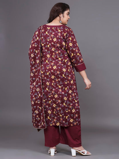 Tissu Women's Plus Size Maroon Printed Pure Cotton Zari Work Kurta & Palazzo with Dupatta