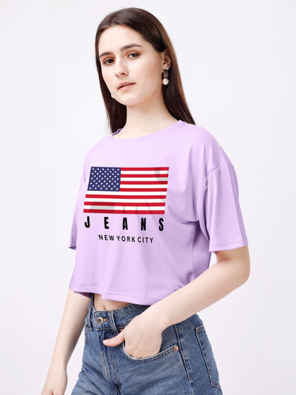 ELLITI Soft Rich Cotton Lavender/Purple Half Sleeve | Round Neck | Oversized/Loose Fit | Down Solder | US Flage Print Crop Top f