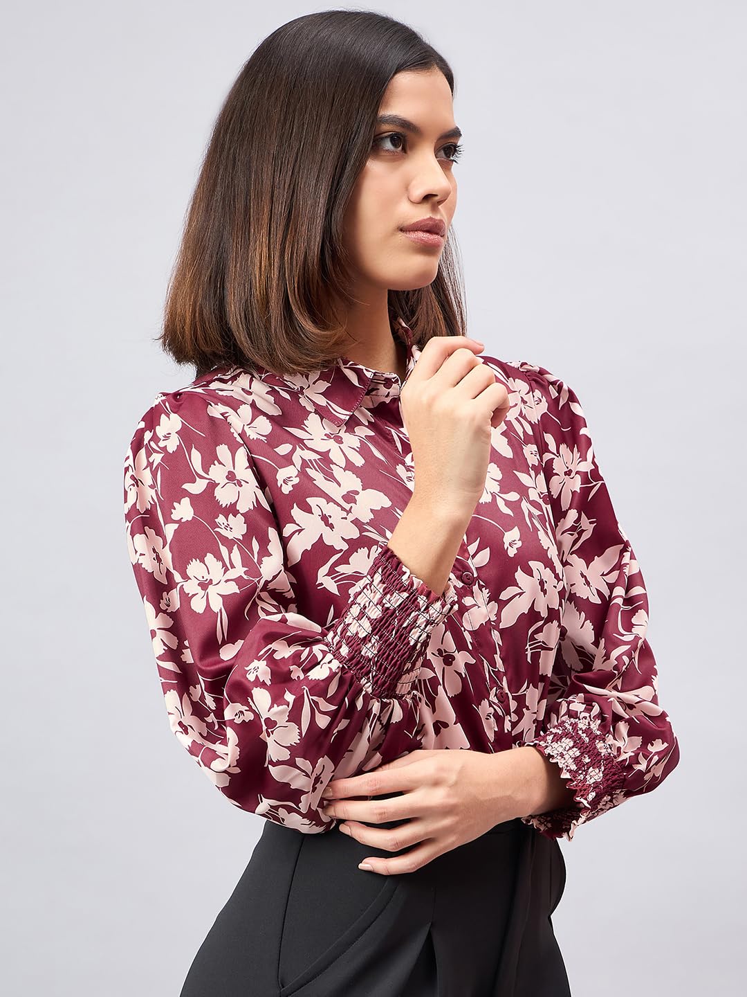 Style Quotient Women Maroon and Beige Floral Printed Polyester Regular Fit Smart Casual Shirt