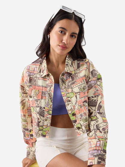 The Souled Store Official F.R.I.E.N.D.S: Doodle Women and Girl Long Sleeve Collared Neck Button Front All Over Print Oversized F