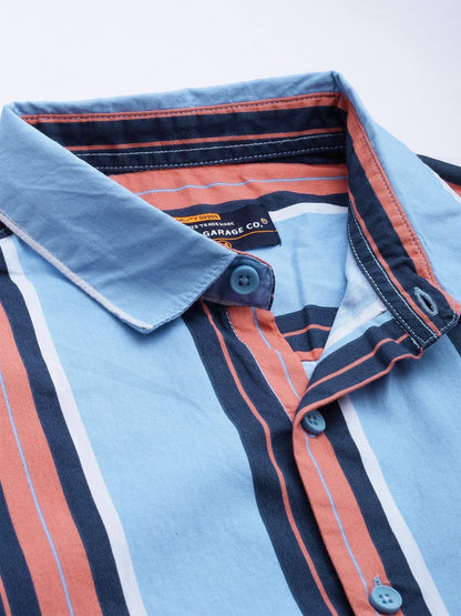 The Indian Garage Co Men Blue Striped Slim Fit Cotton Casual Shirt