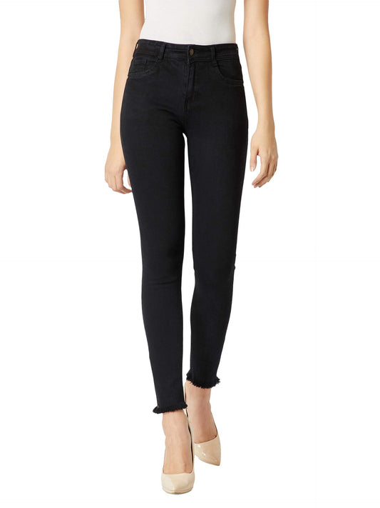 Dolce Crudo WomenS Black Slim Fit High Rise Regular Length Zipper And Raw Edge Detailing Stretchable Denim Jeans(Doaw18Den02-65-