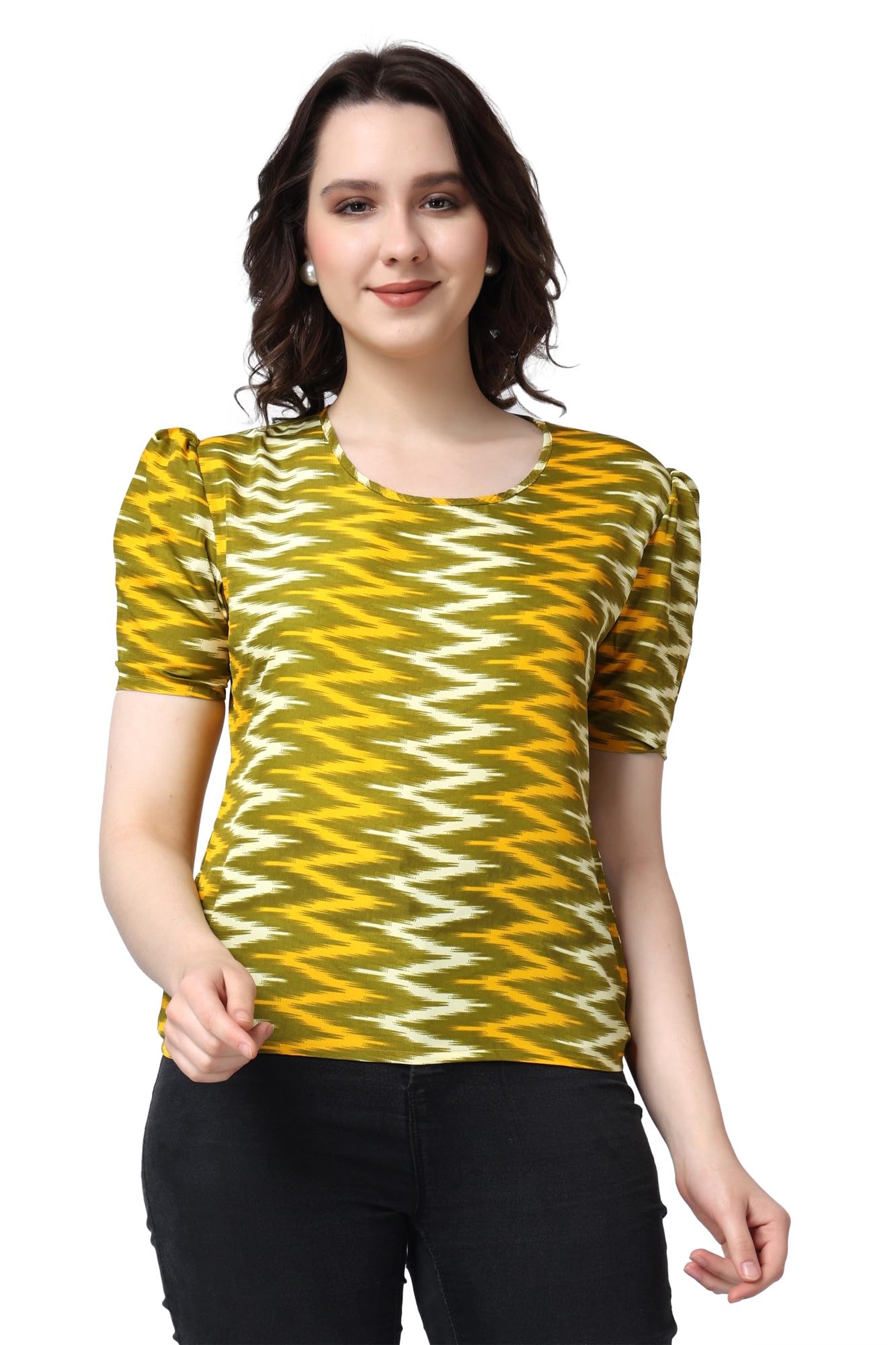 POPWINGS Casual Printed Puff Sleeves Round Neck Top for Women || Stylish Latest Summer Tops for Women || Hip-Length Women Top Ye