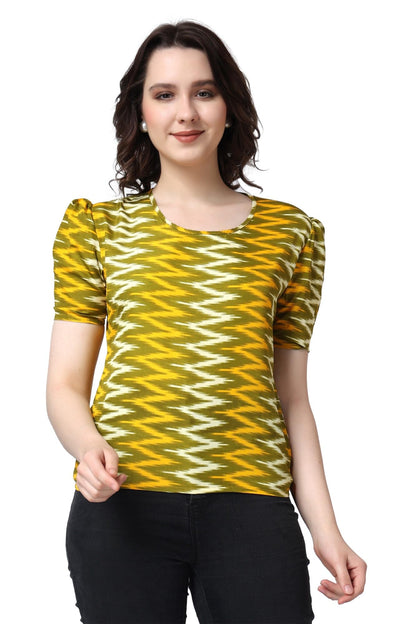POPWINGS Casual Printed Puff Sleeves Round Neck Top for Women || Stylish Latest Summer Tops for Women || Hip-Length Women Top Ye