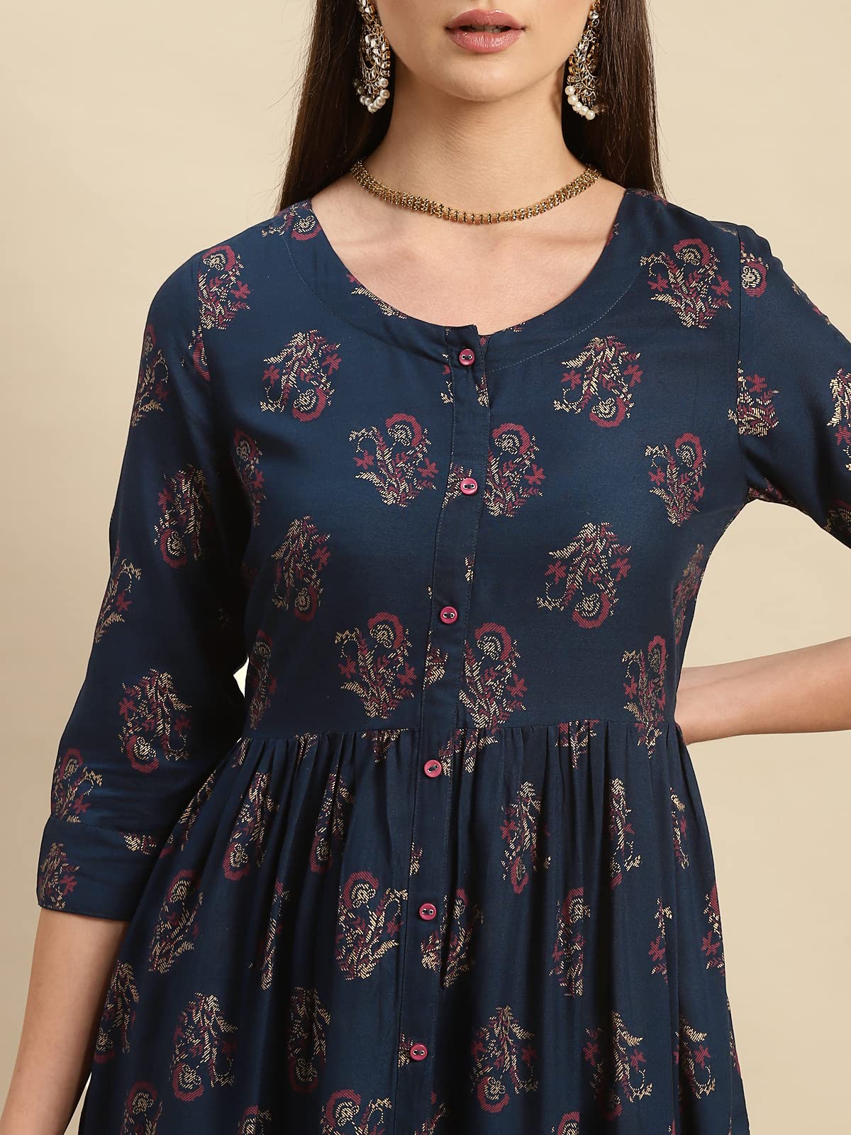 rangita Navy Rayon Calf Length Printed Flared Kurti for Women | Kurta for Women