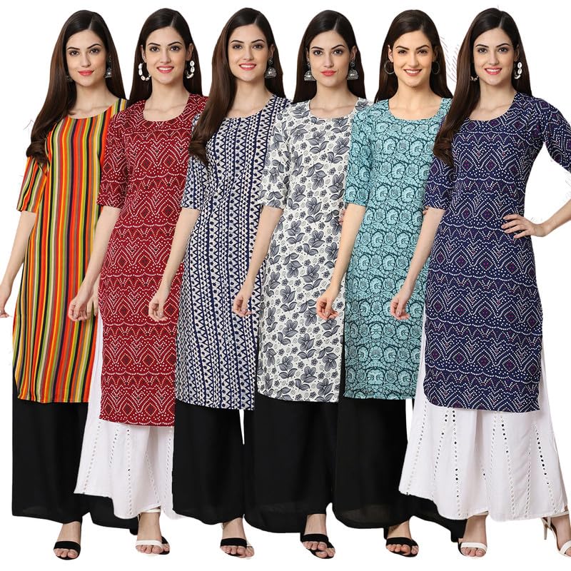 Pinkmint Straight Vibrant Colour Crepe KurtiS For WomenS Ll Fashion Fusion Kurti Ll Summer Kurti (Pack Of 6)