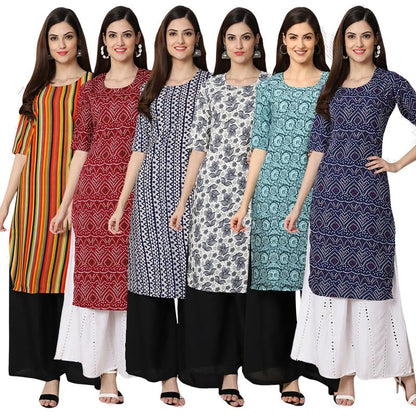 Pinkmint Straight Vibrant Colour Crepe KurtiS For WomenS Ll Fashion Fusion Kurti Ll Summer Kurti (Pack Of 6)
