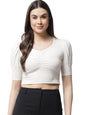 POPWINGS Casual Puff-Sleeves Ribbed Crop Top for Women || Sweet Heart Neck Summer Crop Top for Women || Crop Tops for Women Late