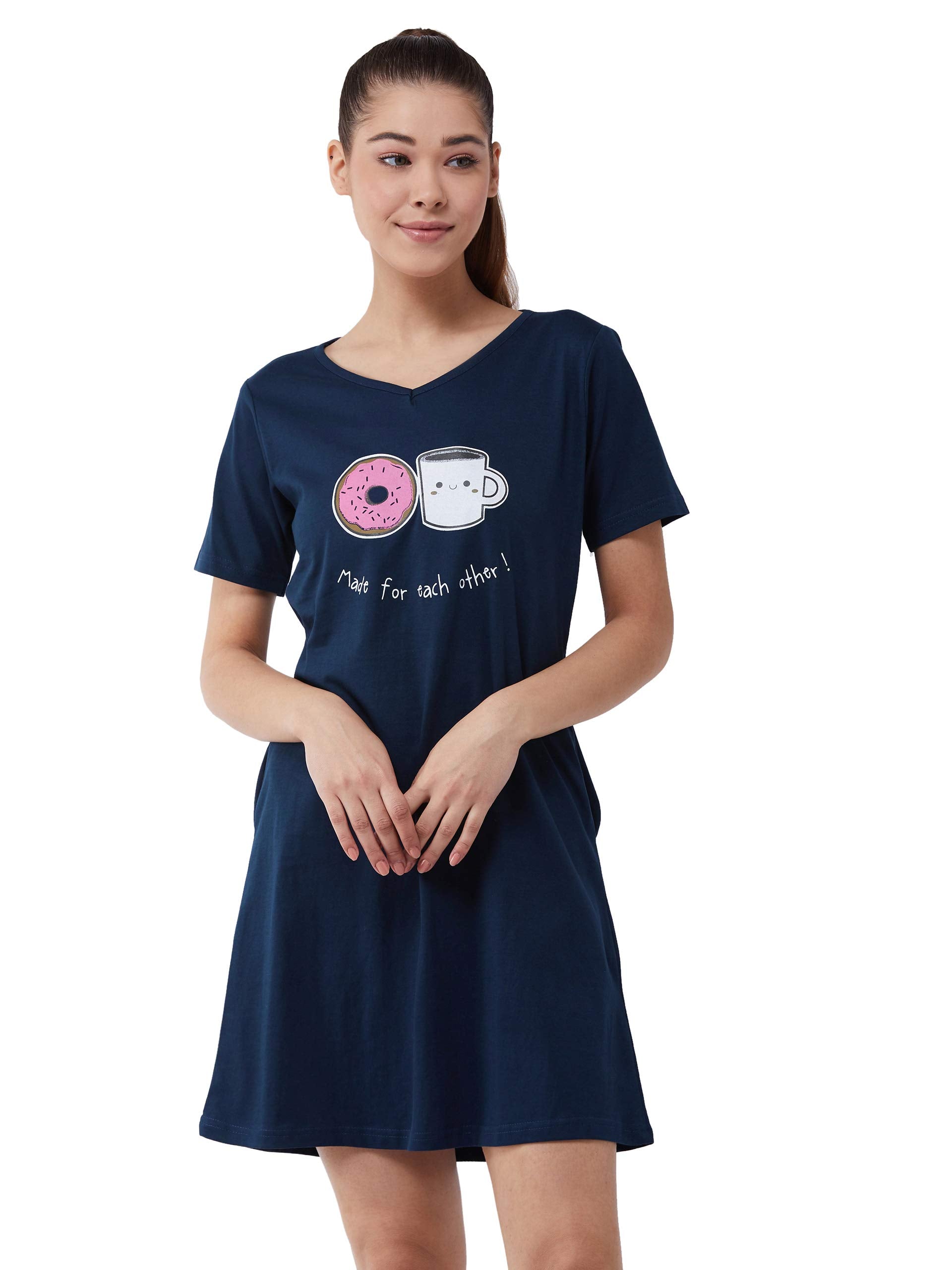Miss Chase WomenS Blue V-Neck Short Sleeves Pocketed Printed Knee-Length Sleep And Loungewear Night Dress (Mcss20Nw01-06-115_Bl