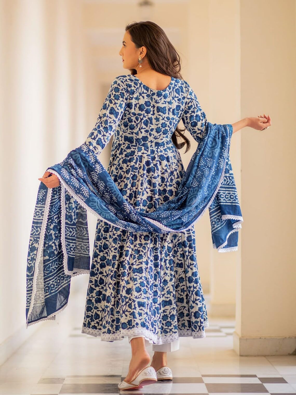 Gosriki WomenS Rayon Blend Anarkali Printed Kurta With Pant & Dupatta (Yutika Blue-Gs_L_Blue_Large)