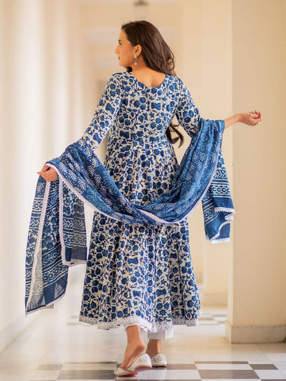 Gosriki WomenS Rayon Blend Anarkali Printed Kurta With Pant & Dupatta (Yutika Blue-Gs_L_Blue_Large)