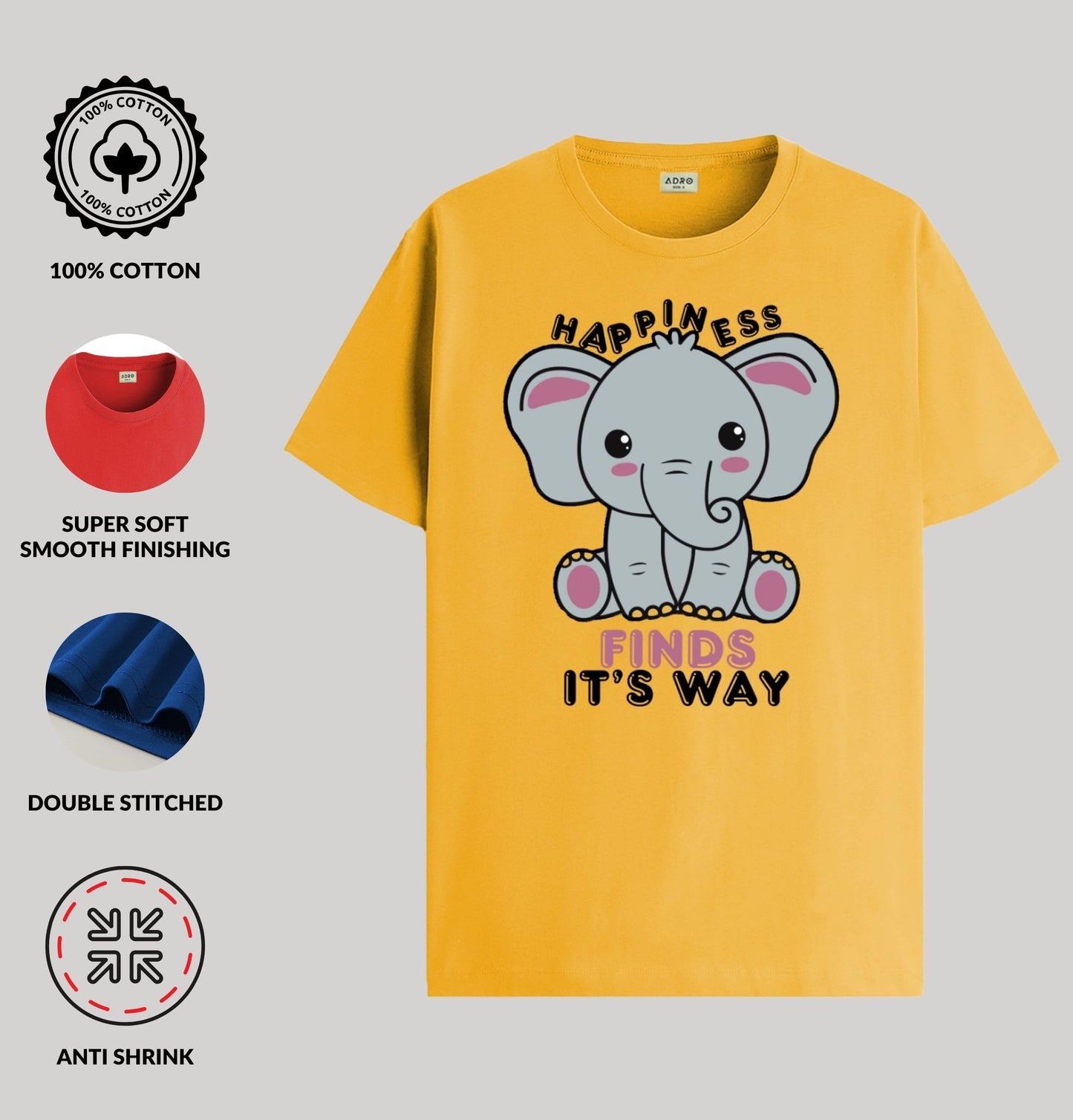 ADRO T Shirts for Boys & Girls | Elephant Printed T-Shirt | Ages 3-14 | 100% Cotton Round Neck Tshirt for Boys |KRN-L2-FINDS-MU-