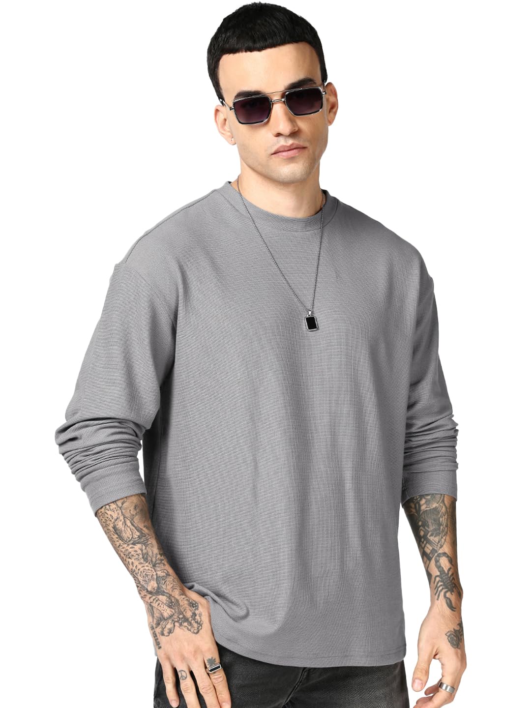 Bewakoof MenS Solid Oversized Fit Full Sleeve Round Neck Cotton Blend T-Shirt_687613_Grey_M