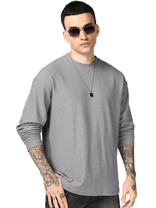 Bewakoof MenS Solid Oversized Fit Full Sleeve Round Neck Cotton Blend T-Shirt_687636_Off White_M