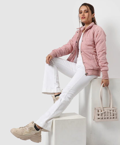 Campus Sutra Womens Pink Puffer Regular Fit Bomber Jacket For Winter Wear | Standing Collar | Full Sleeve | Buttoned | Casual J
