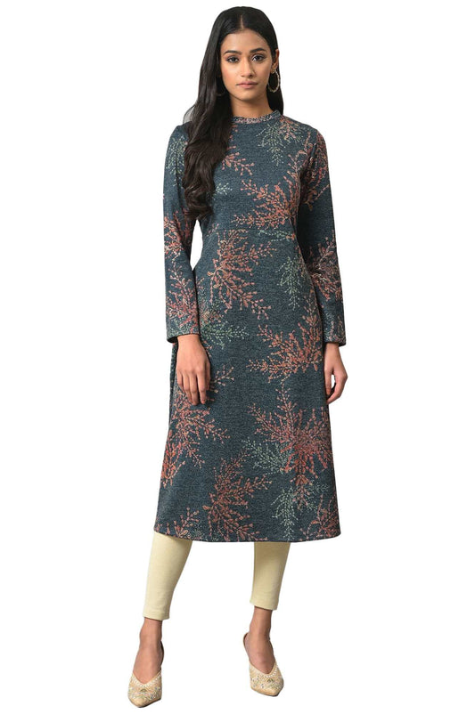 W for Woman Dark Blue Light Festive Jacquard Winter Kurta
