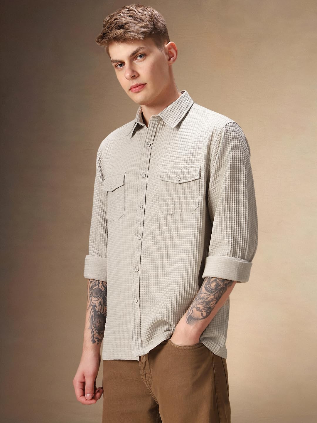 Dennis Lingo Relaxed Fit Full Sleeves Spread Collar Textured Men Shirt Beige